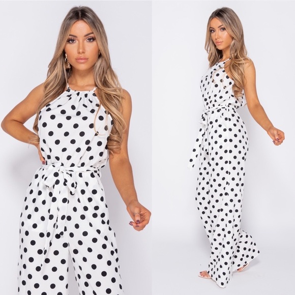 Paris&Pearle Pants - Promises Black & White Polka Dot Belted Jumpsuit